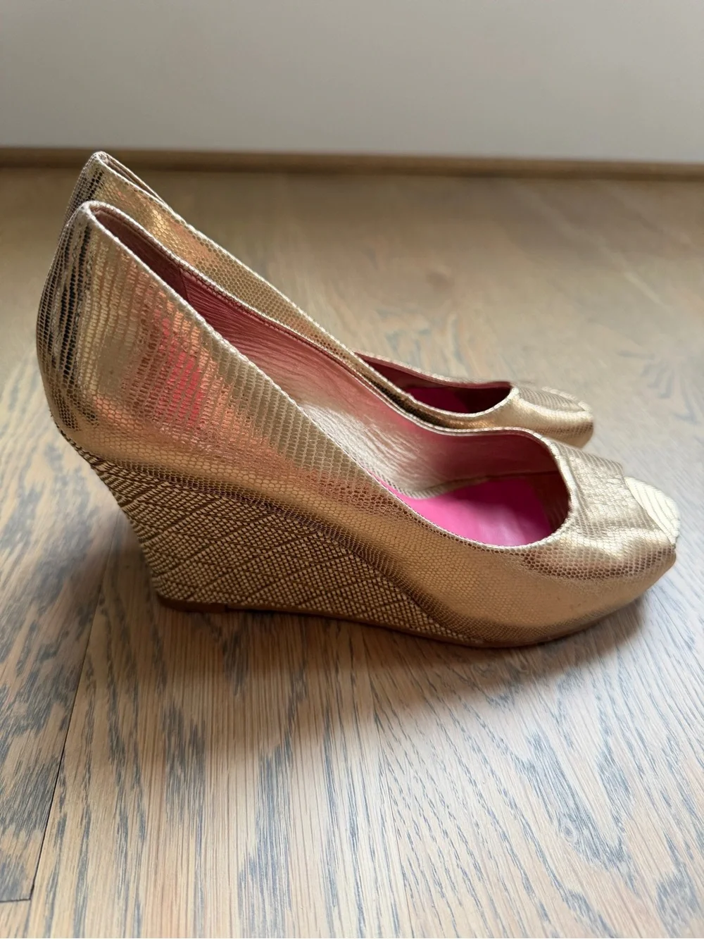 Lilly Pulitzer Metallic Gold Peep-Toe Wedges